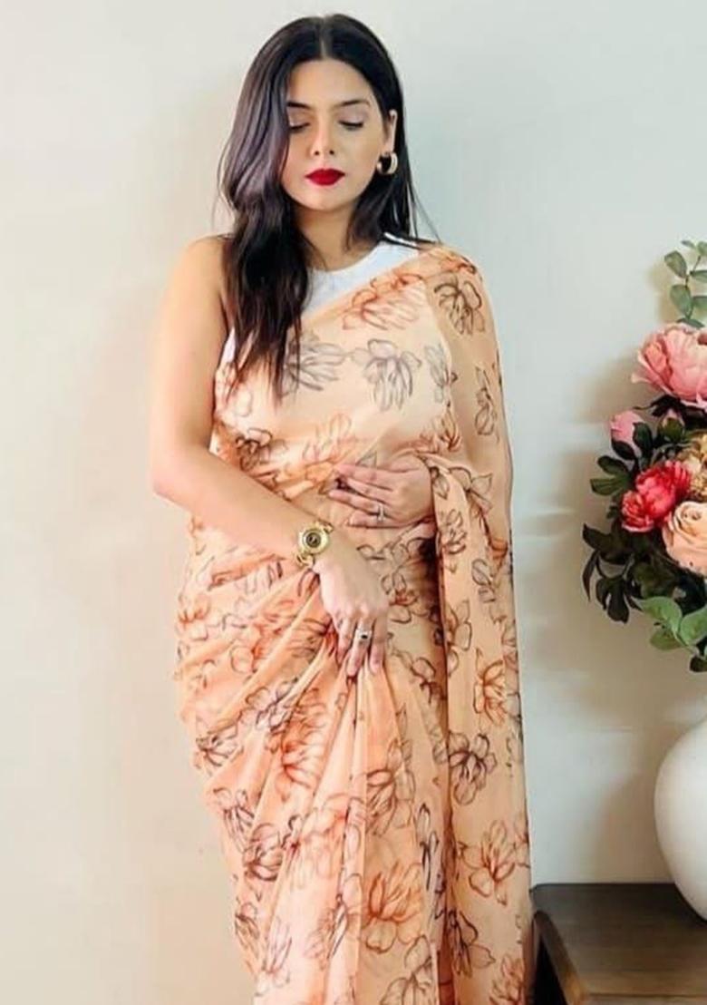 Orange Printed Georgette Saree Set