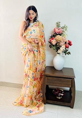 Cream Printed Georgette Saree Set