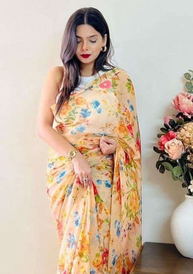 Cream Printed Georgette Saree Set
