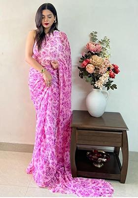 Purple Printed Georgette Saree Set