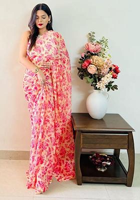 Yellow Printed Georgette Saree Set