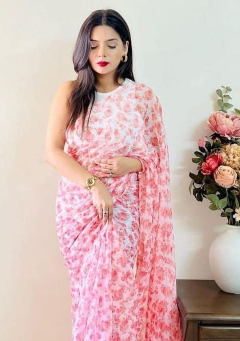 White Printed Georgette Saree Set