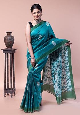 Blue Printed Cotton Saree Set