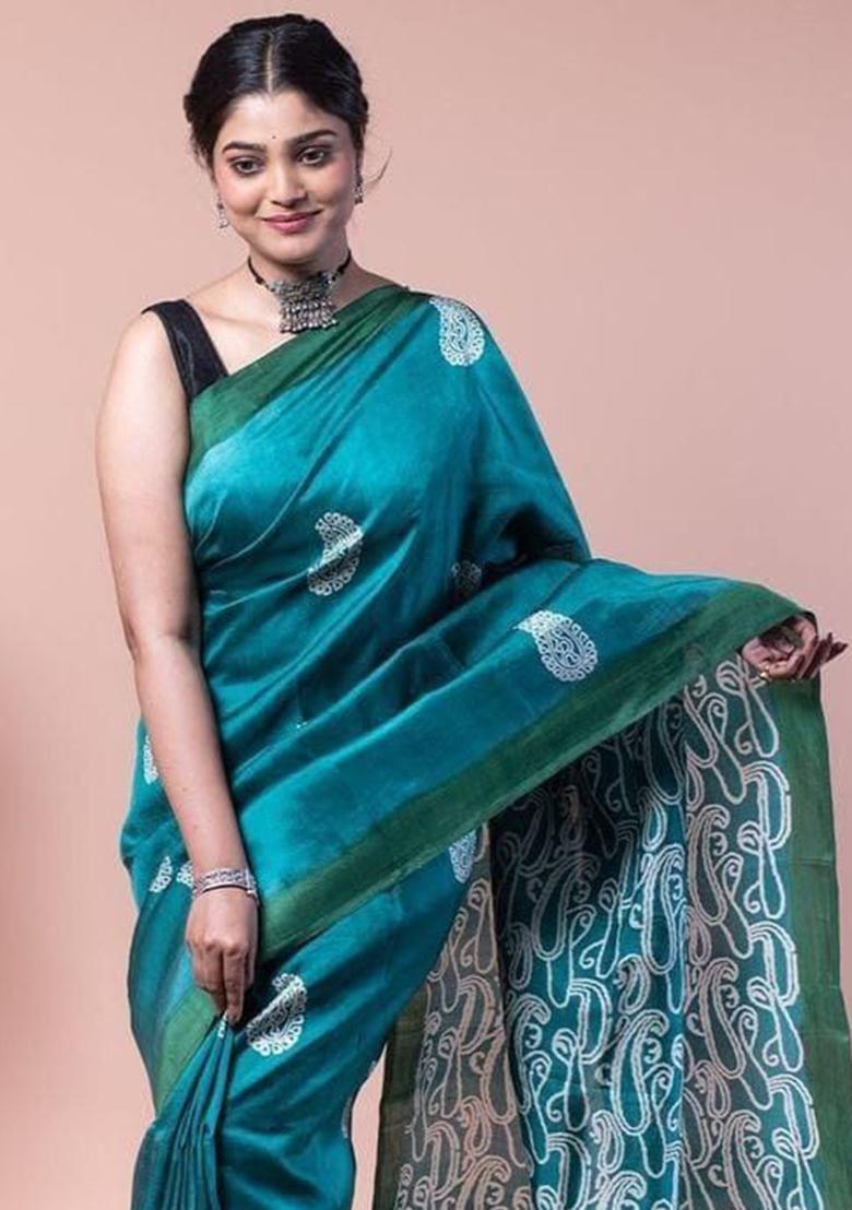 Blue Printed Cotton Saree Set