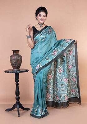 Blue Printed Cotton Saree Set