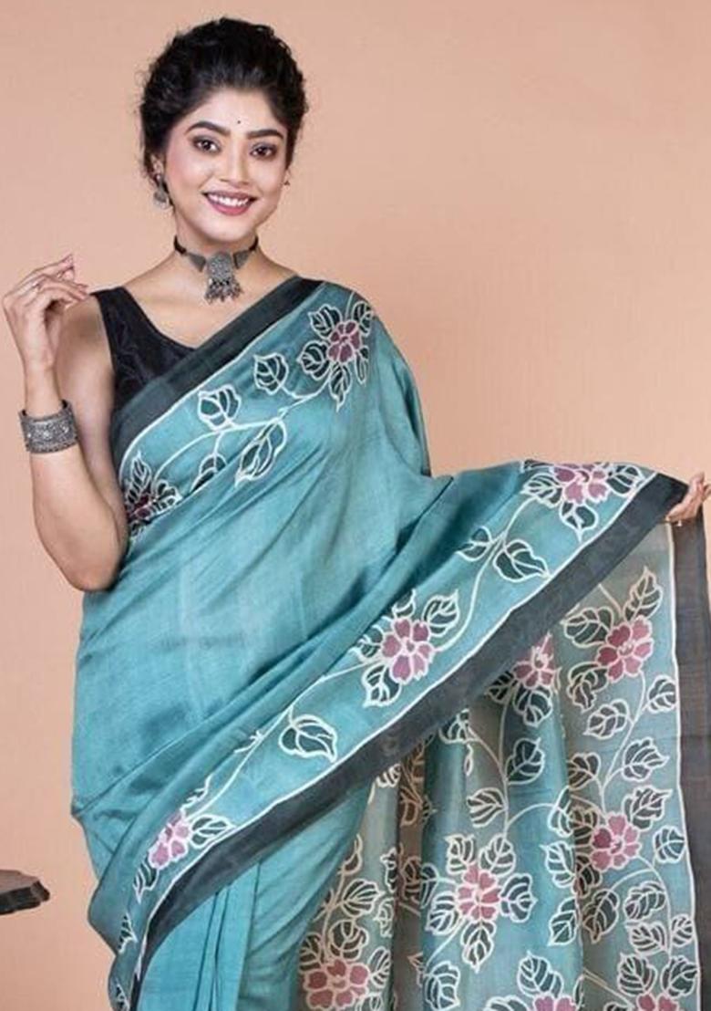Blue Printed Cotton Saree Set