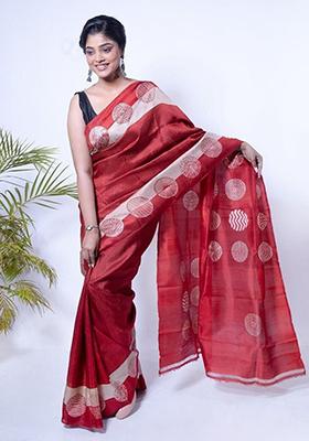 Red Printed Cotton Saree Set