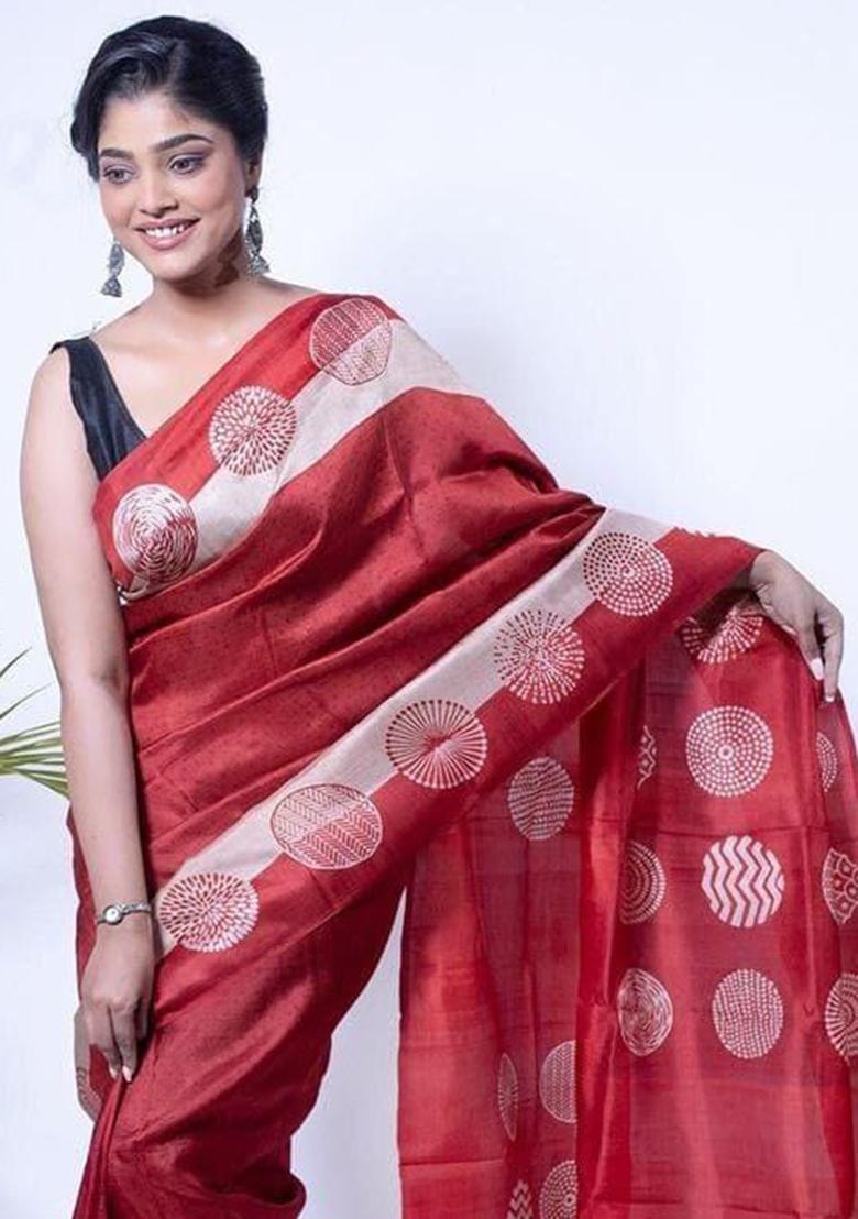 Red Printed Cotton Saree Set