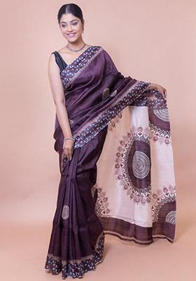 Wine Printed Cotton Saree Set