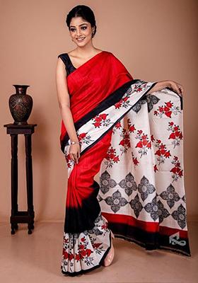 Red Printed Cotton Saree Set