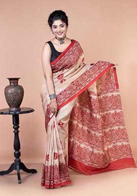 Cream Printed Cotton Saree Set