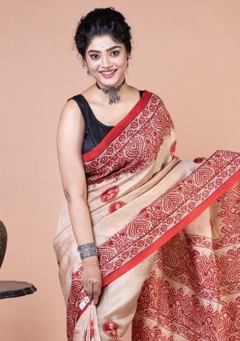 Cream Printed Cotton Saree Set