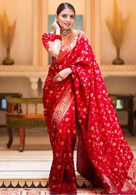 Red Printed Blended Silk Saree Set