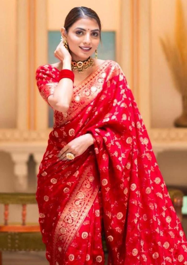 Red Printed Blended Silk Saree Set