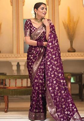 Wine Printed Blended Silk Saree Set