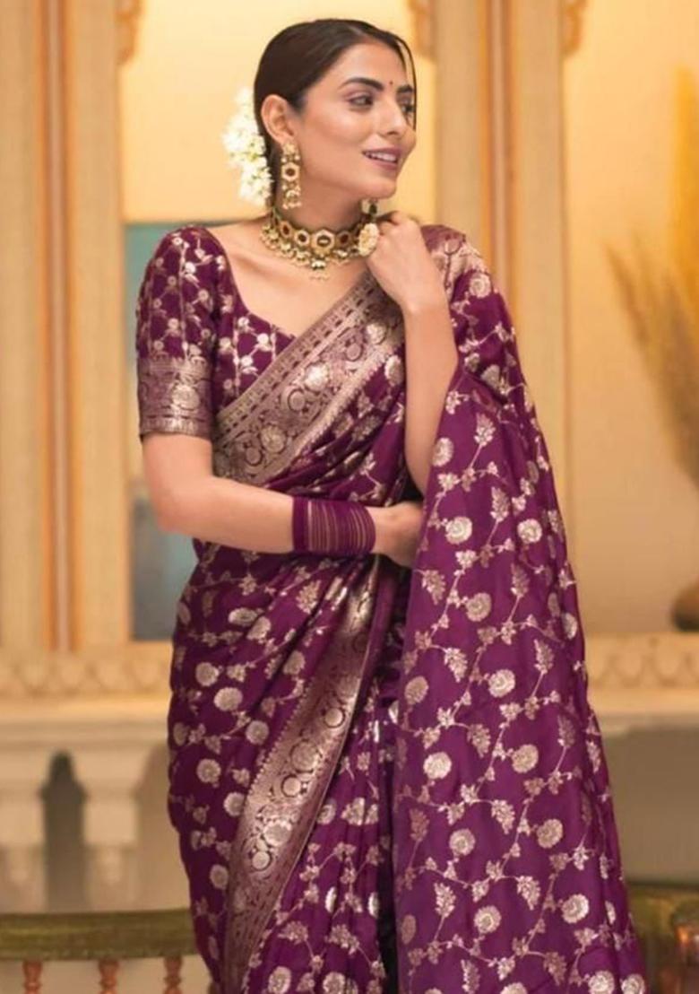 Wine Printed Blended Silk Saree Set