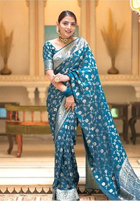 Blue Printed Blended Silk Saree Set