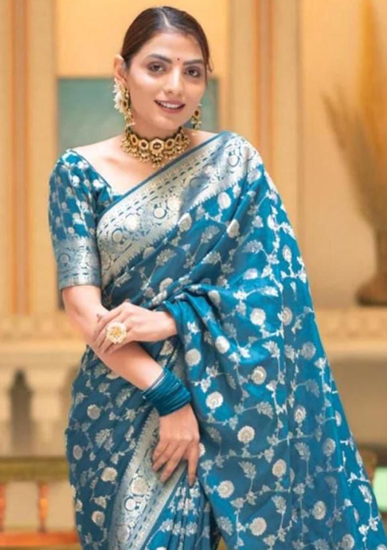 Blue Printed Blended Silk Saree Set