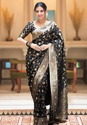 Black Printed Blended Silk Saree Set