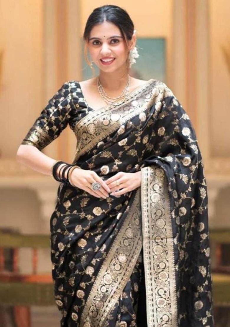 Black Printed Blended Silk Saree Set