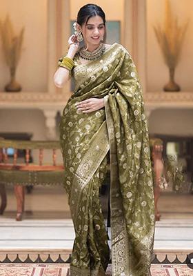 Olive Green Printed Blended Silk Saree Set