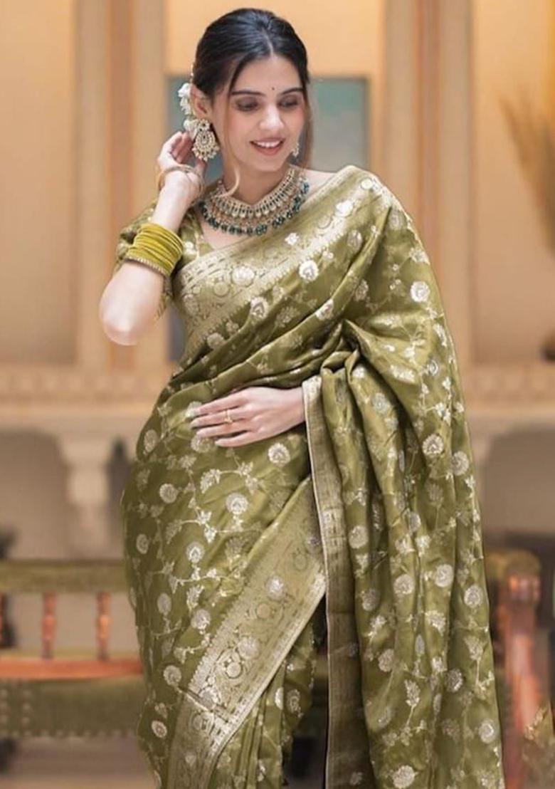 Olive Green Printed Blended Silk Saree Set
