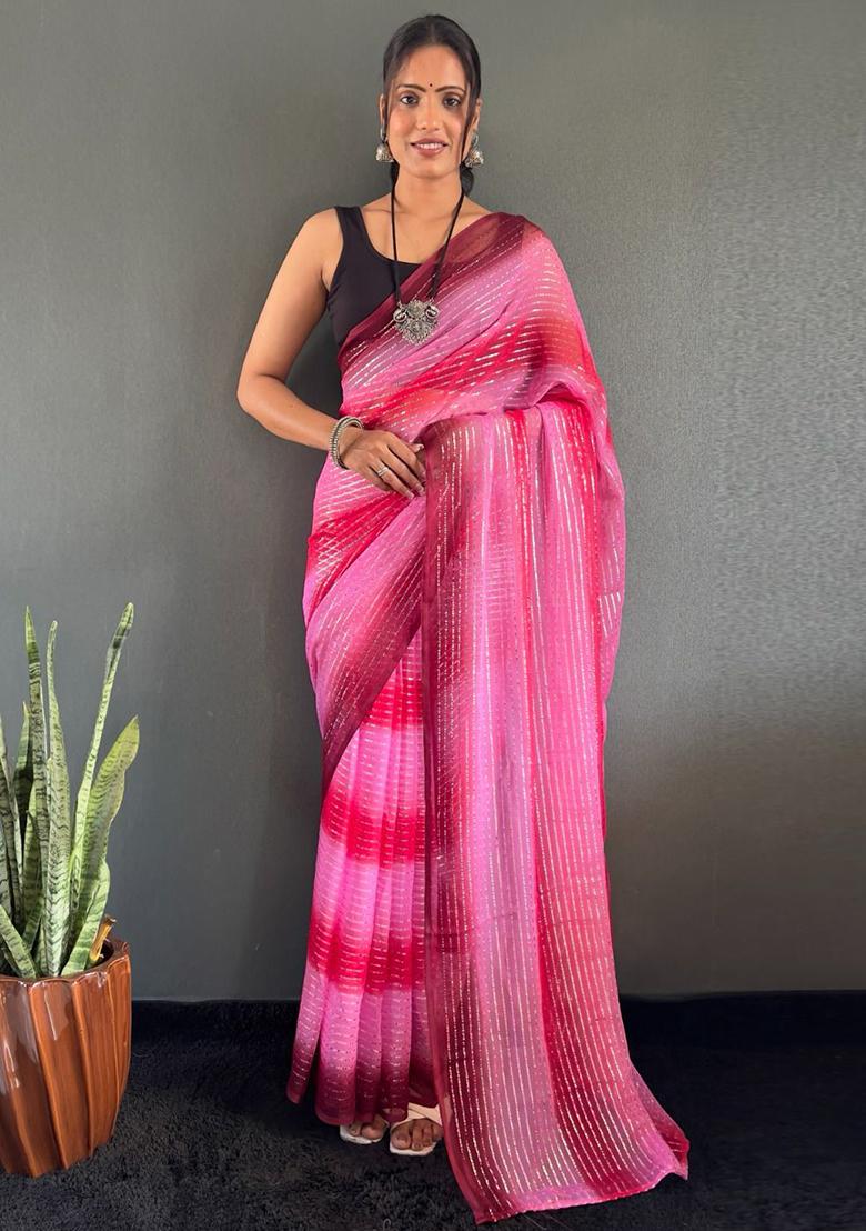 Pink Printed Nylon Saree Set