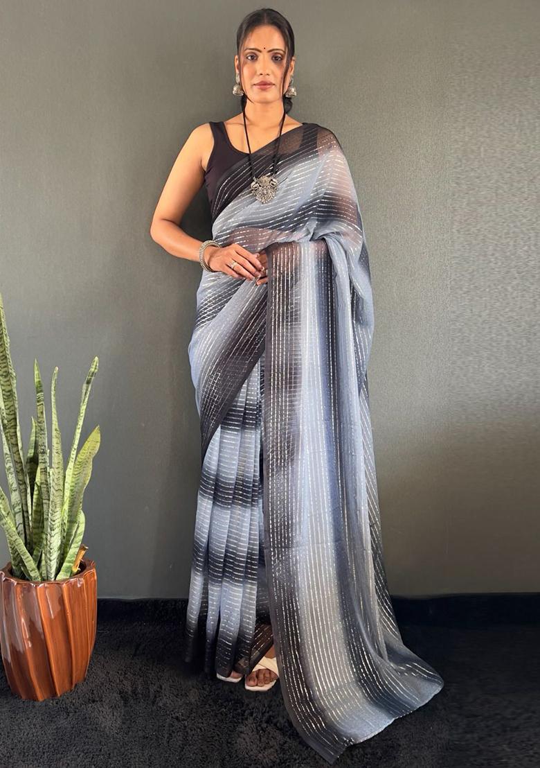 Grey Printed Nylon Saree Set