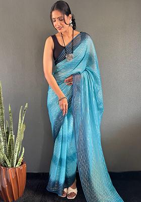 Blue Printed Nylon Saree Set
