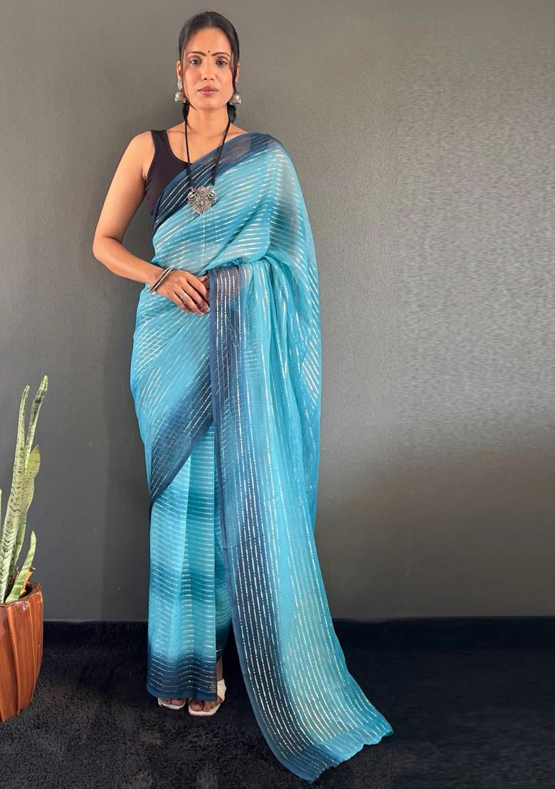 Blue Printed Nylon Saree Set