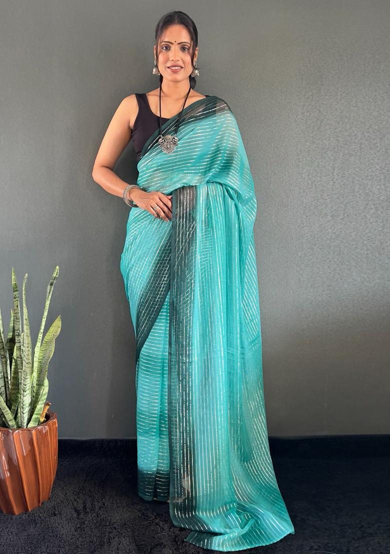 Blue Printed Nylon Saree Set