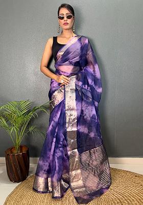 Blue Printed Organza Saree Set