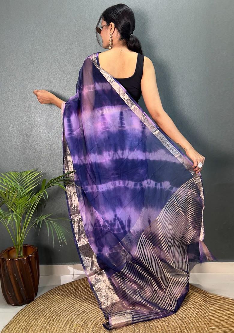 Blue Printed Organza Saree Set