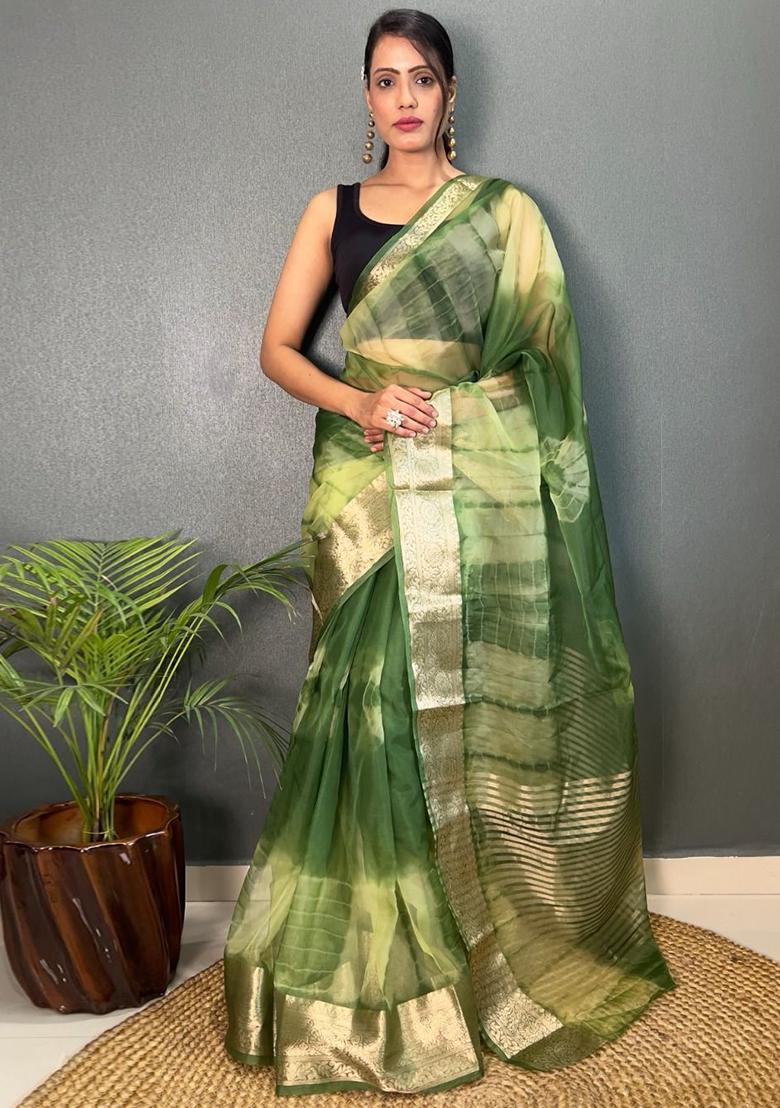 Green Printed Organza Saree Set