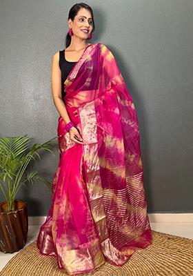 Pink Printed Organza Saree Set