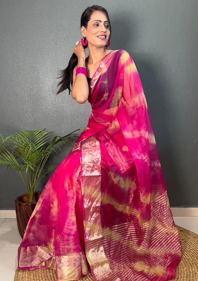 Pink Printed Organza Saree Set