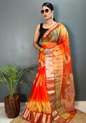 Orange Printed Organza Saree Set