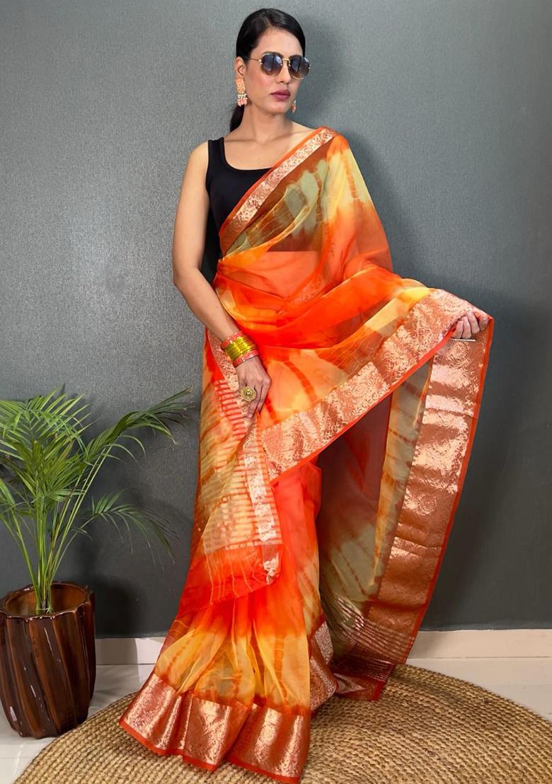 Orange Printed Organza Saree Set