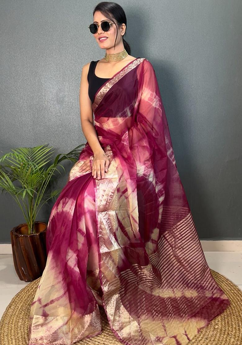 Wine Printed Organza Saree Set