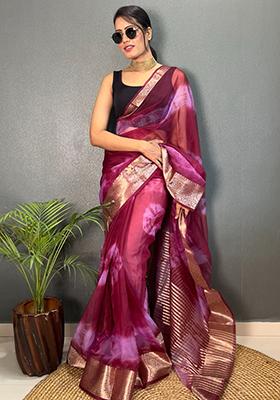 Wine Printed Organza Saree Set