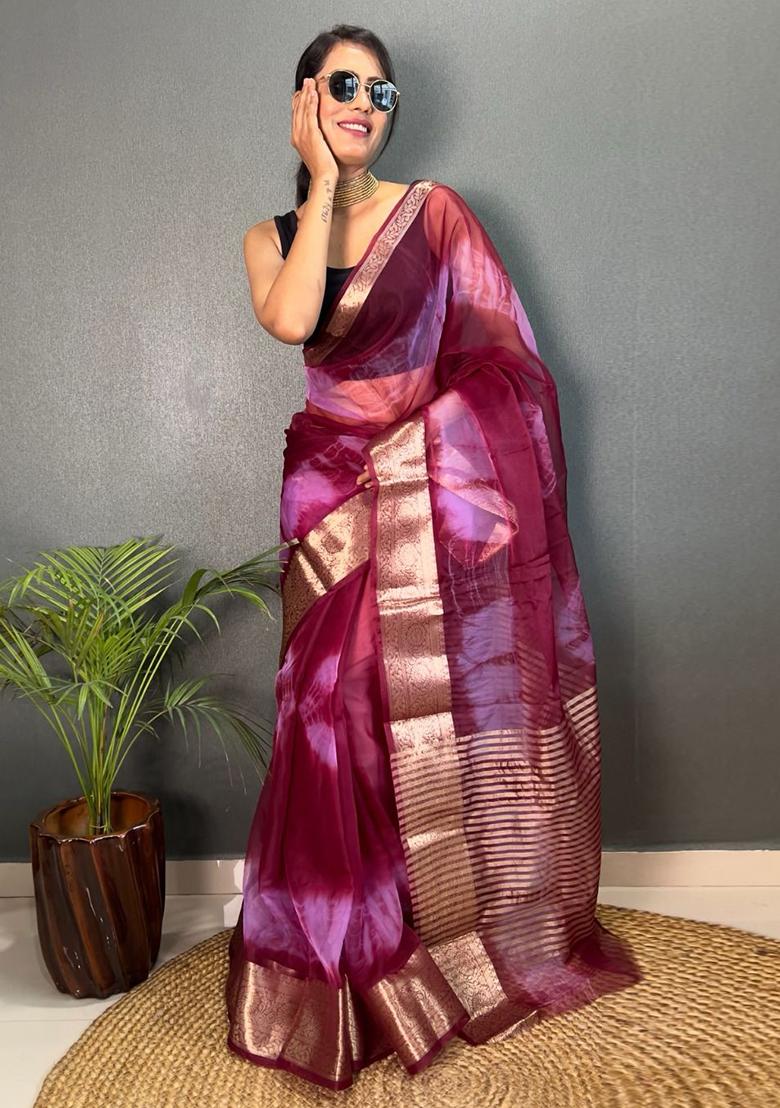 Wine Printed Organza Saree Set