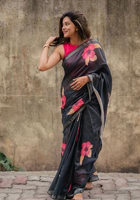Black Printed Linen Saree Set