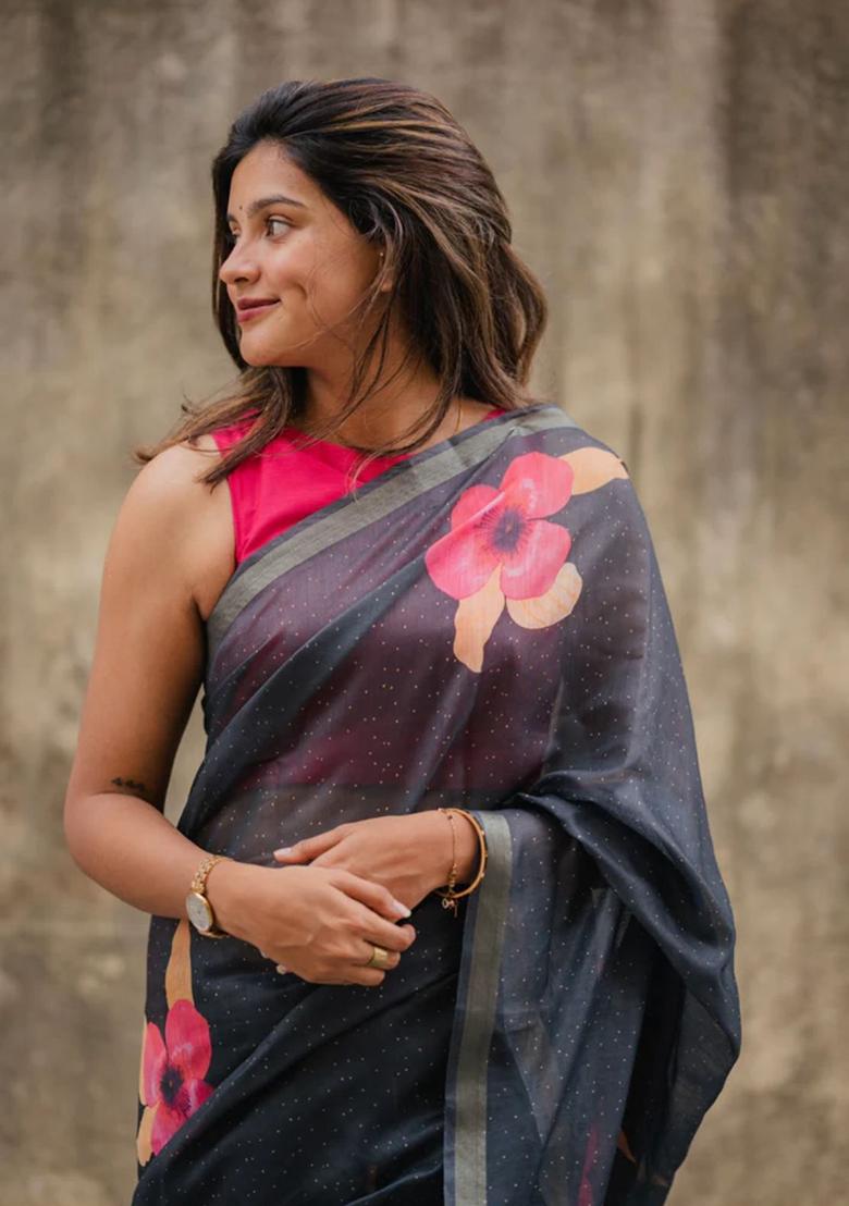 Black Printed Linen Saree Set