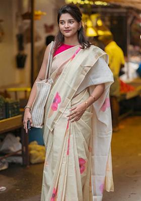 Off White Printed Linen Saree Set