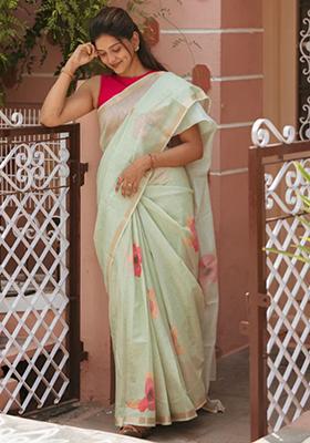 Light Green Printed Linen Saree Set