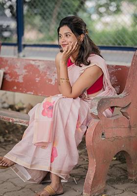 Light Pink Printed Linen Saree Set