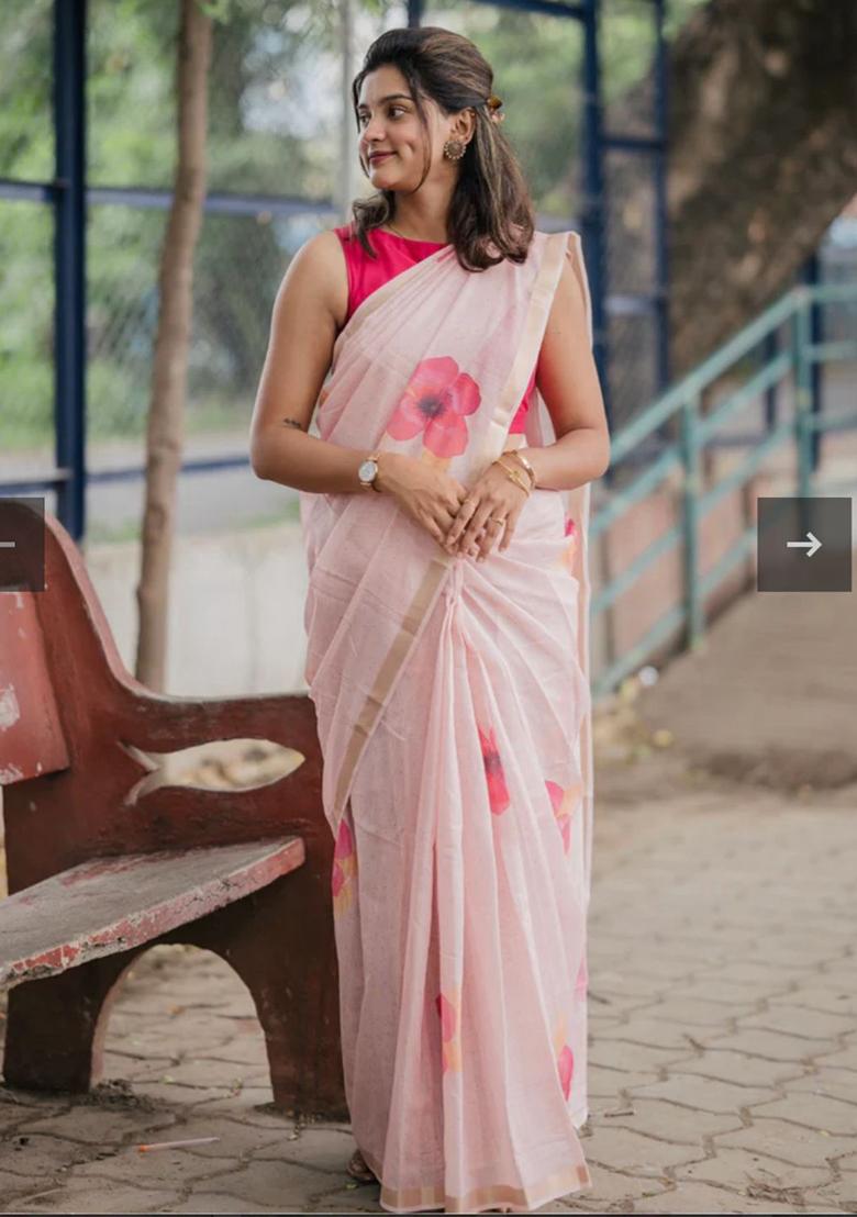 Light Pink Printed Linen Saree Set