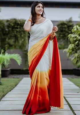 Multicolour Printed Linen Saree Set