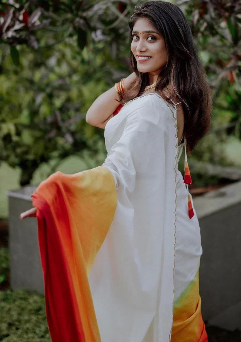 Multicolour Printed Linen Saree Set