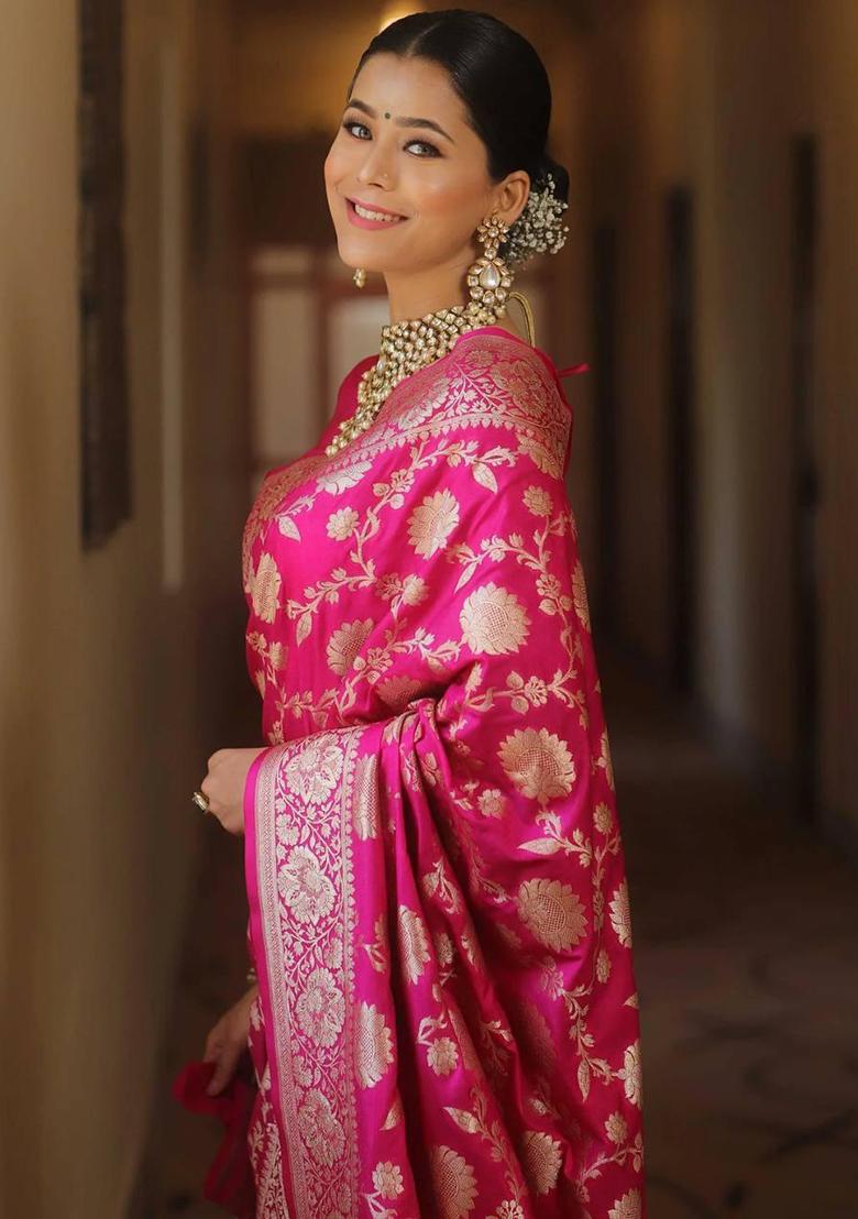 Pink Printed Blended Silk Saree Set